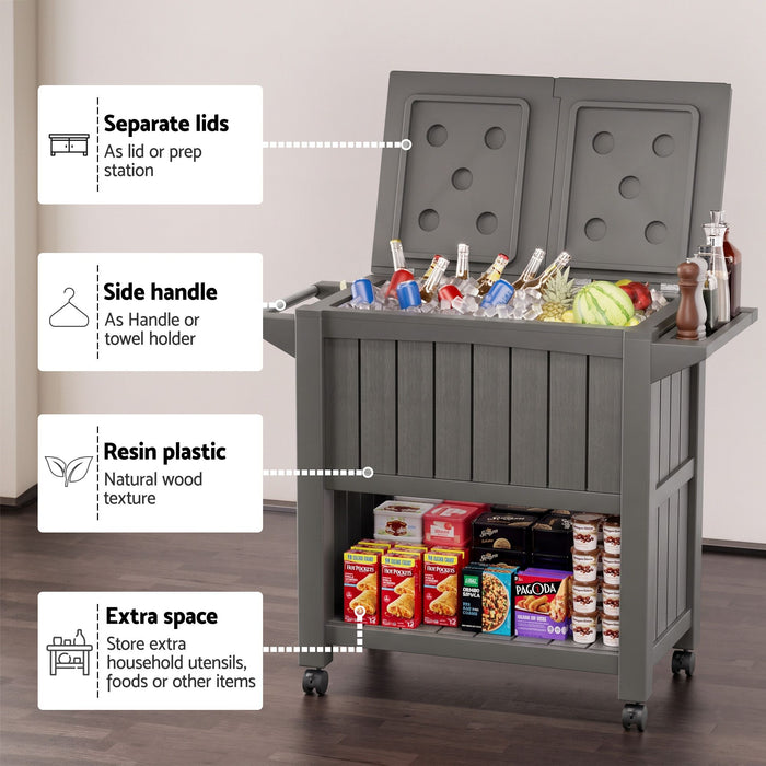 Gardeon Outdoor Storage Cabinet Box 80L Ice Bucket Cooler Rolling Kitchen Trolley Brown