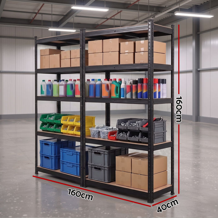 Giantz 2-Rack Garage Shelving 1.6X0.8m MDF Warehouse Storage Rack Black