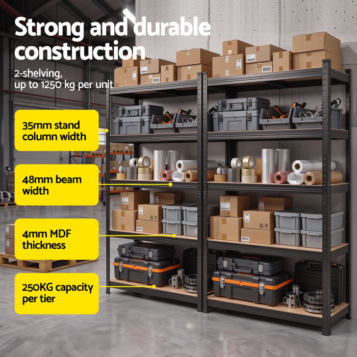 Giantz 2-Rack Garage Shelving 1.6X0.8m MDF Warehouse Storage Rack Black
