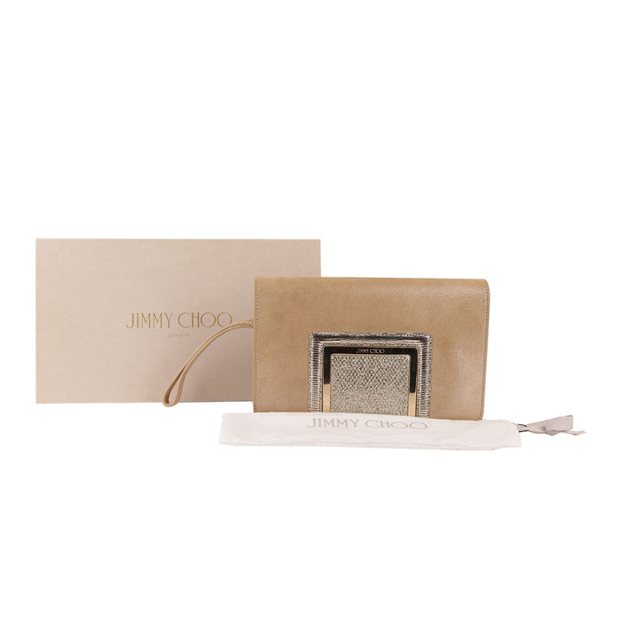 Jimmy Choo Gold Shimmer Suede Alara Wristlet Clutch