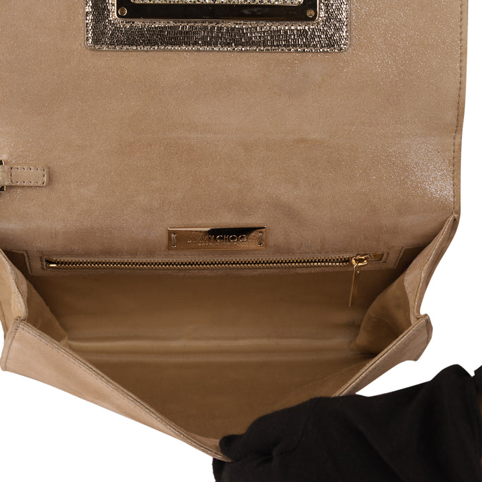 Jimmy Choo Gold Shimmer Suede Alara Wristlet Clutch
