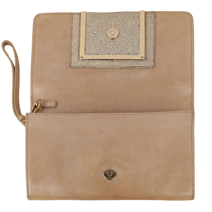 Jimmy Choo Gold Shimmer Suede Alara Wristlet Clutch