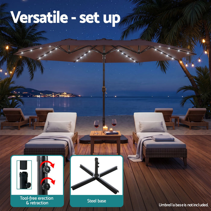 Instahut Outdoor Umbrella 4.57m Solar 48 LED Double-Sided Patio Parasol Brown