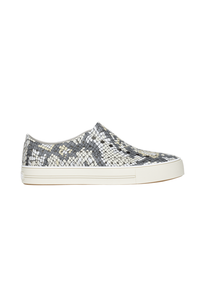 Side view of a Native Shoes Adults Jefferson Arc Wanderfoam Print Footwear in Slkgry/Pprwht/Slkpython