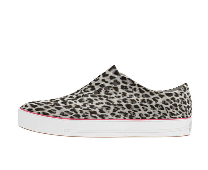 Side view of a Native Shoes Adults Jefferson Arc Wanderfoam Print Footwear in Shell White / Whisper White / Leopard