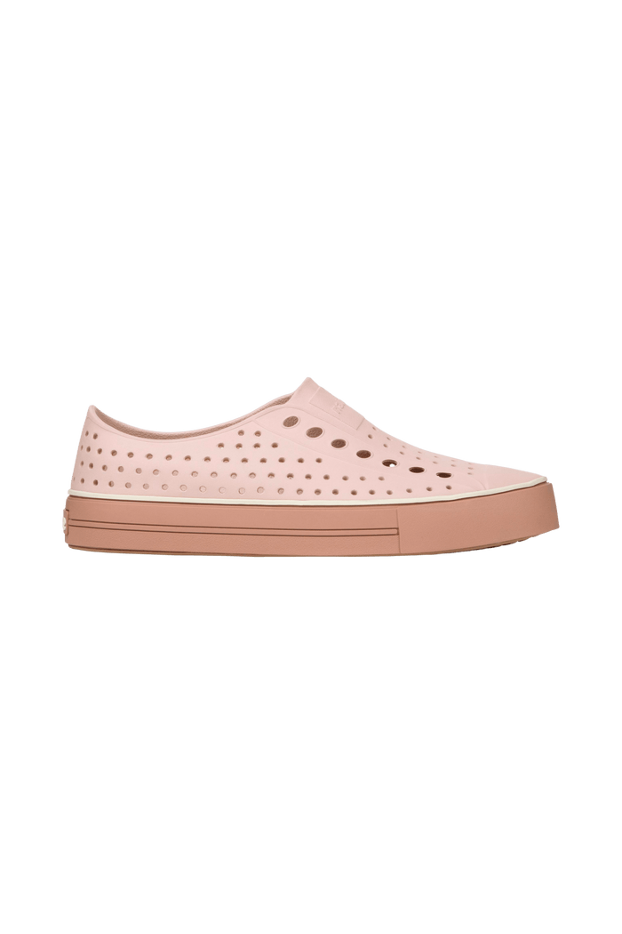 Side view of a Native Shoes Adults Jefferson Arc Wanderfoam Footwear in Chameleon Pink / Bruschetta Brown