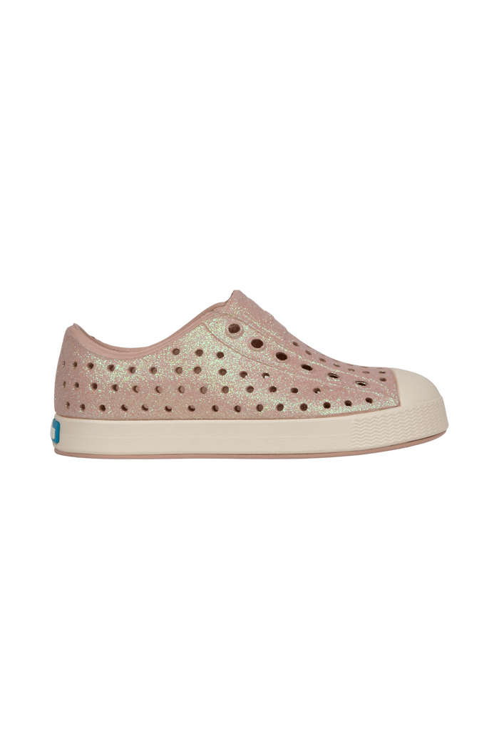 Side view of a Native Shoes Kids Jefferson Bio-Bling Kids Footwear in Chameleon Pink Bling / Bone White