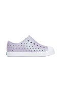 Side view of a Native Shoes Kids Jefferson Bio-Bling Kids Footwear in Future Purple Bling / Shell White