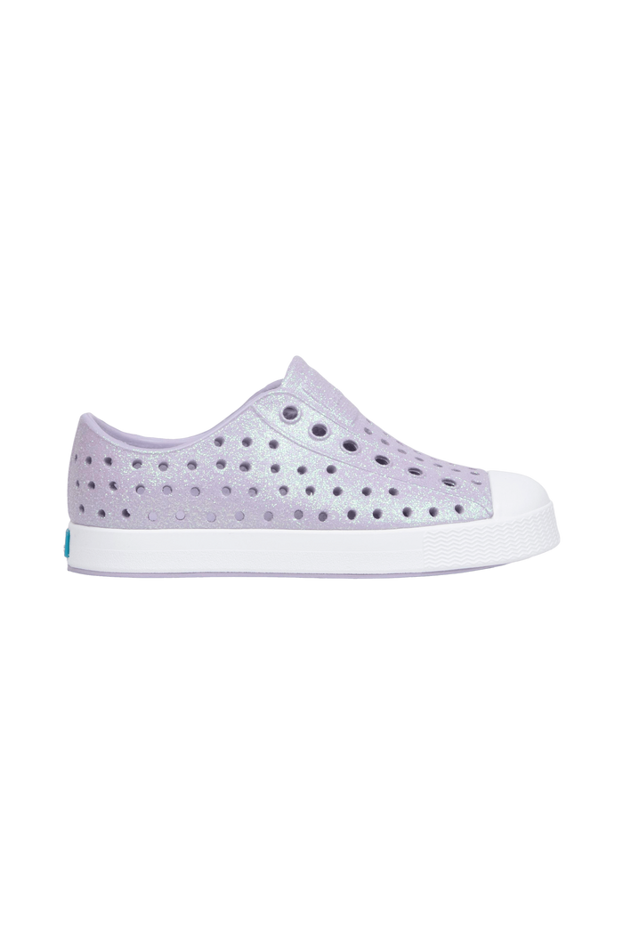 Side view of a Native Shoes Kids Jefferson Bio-Bling Kids Footwear in Future Purple Bling / Shell White
