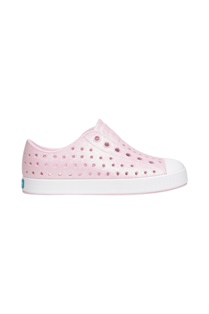 Side view of a Native Shoes Kids Jefferson Bio-Bling Kids Footwear in Barely Pink Bling / Shell White