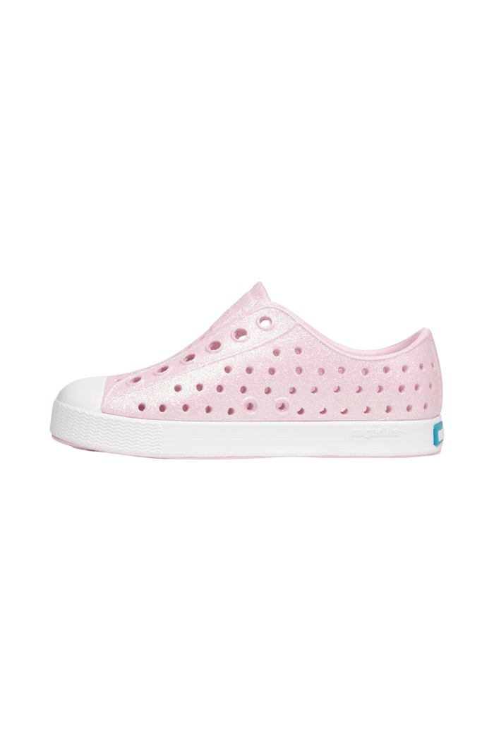 Angled view of a Native Shoes Kids Jefferson Bio-Bling Kids | Barely Pink Bling / Shell White Footwear in Barely Pink Bling / Shell White