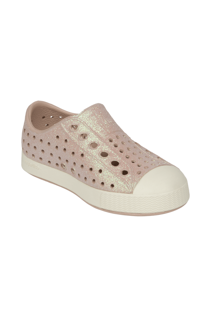 Bottom view of a Native Shoes Kids Jefferson Bio-Bling Kids | Chameleon Pink Bling / Bone White Footwear in Chameleon Pink Bling / Bone White