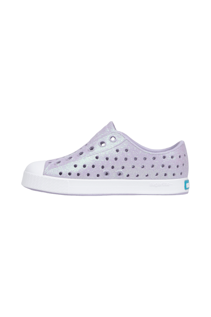 Bottom view of a Native Shoes Kids Jefferson Bio-Bling Kids | Future Purple Bling / Shell White Footwear in Future Purple Bling / Shell White