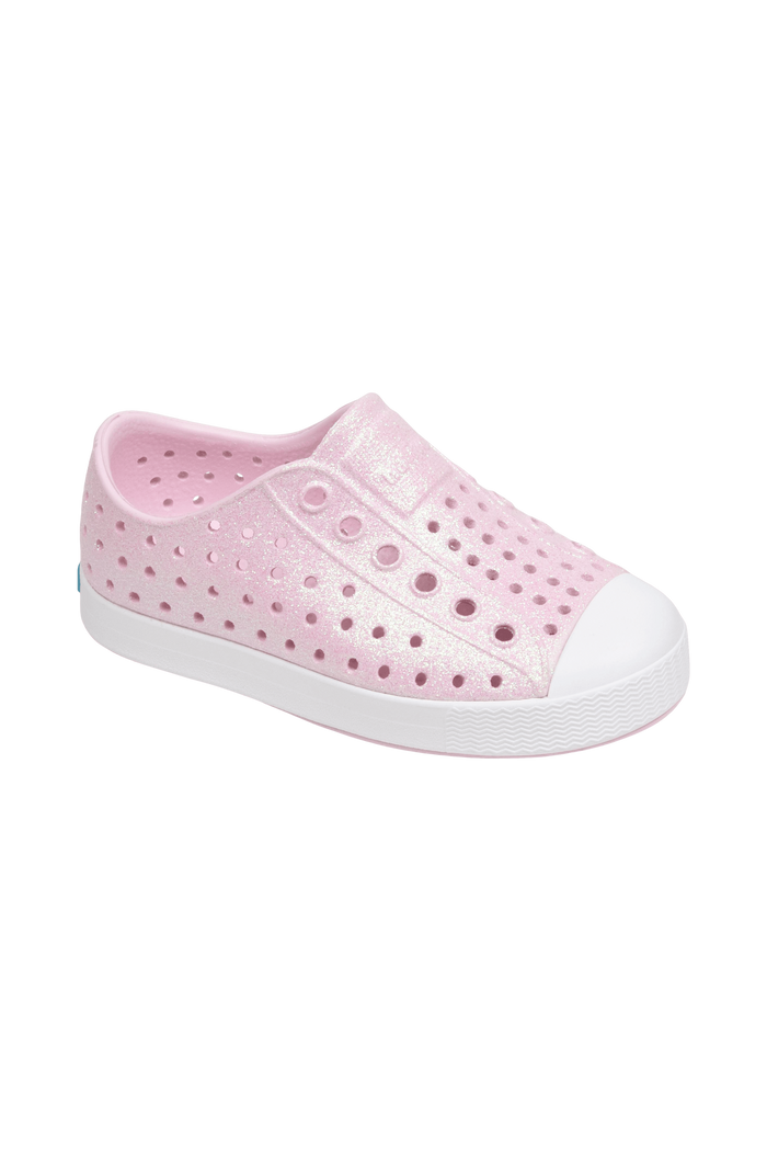 Bottom view of a Native Shoes Kids Jefferson Bio-Bling Kids | Barely Pink Bling / Shell White Footwear in Barely Pink Bling / Shell White