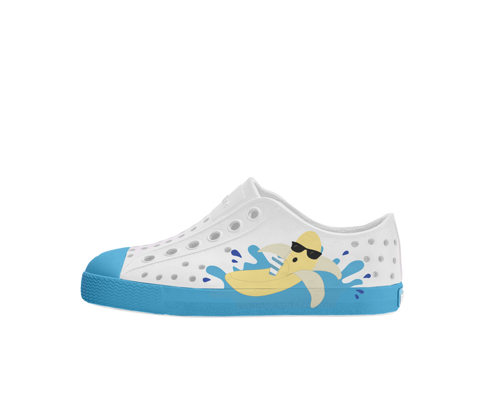 Side view of a Native Shoes Kids Jefferson Block Kids Footwear in Shell White / Aquarius Blue / Banana Block