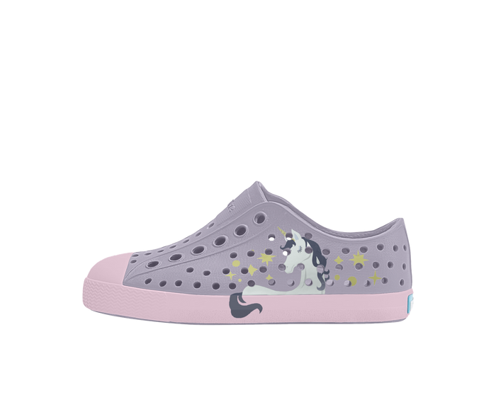 Side view of a Native Shoes Kids Jefferson Block Kids Footwear in Future Purple / Barely Pink / Unicorn Block