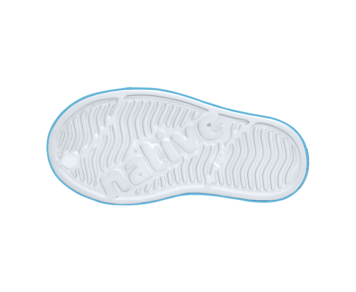 Bottom view of a Native Shoes Kids Jefferson Block Kids | Shell White / Aquarius Blue / Banana Block Footwear in Shell White / Aquarius Blue / Banana Block