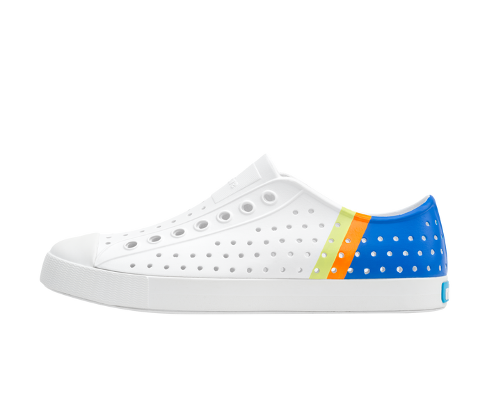Side view of a Native Shoes Adults Jefferson Block Footwear in Shell White / Shell White / Uv City Celery Block