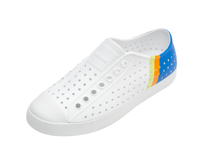 Angled view of a Native Shoes Jefferson Block | Shell White / Shell White / Uv City Celery Block Footwear in Shell White / Shell White / Uv City Celery Block