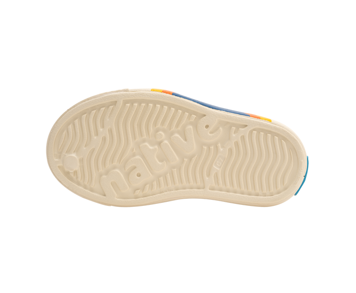 Bottom view of a Native Shoes Kids Jefferson Block Kids | Bone White / Bone White / Spicy Laflame Vallarta Circle Footwear in Bone White / Bone White / Spicy Laflame Vallarta Circle