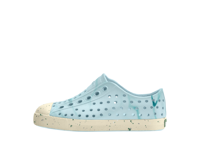 Side view of a Native Shoes Kids Jefferson Bloom Print Kids Footwear in Dawn Blue / Bone White Speckles / Light Water