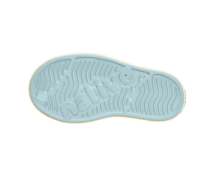 Bottom view of a Native Shoes Kids Jefferson Bloom Print Kids | Dawn Blue / Bone White Speckles / Light Water Footwear in Dawn Blue / Bone White Speckles / Light Water