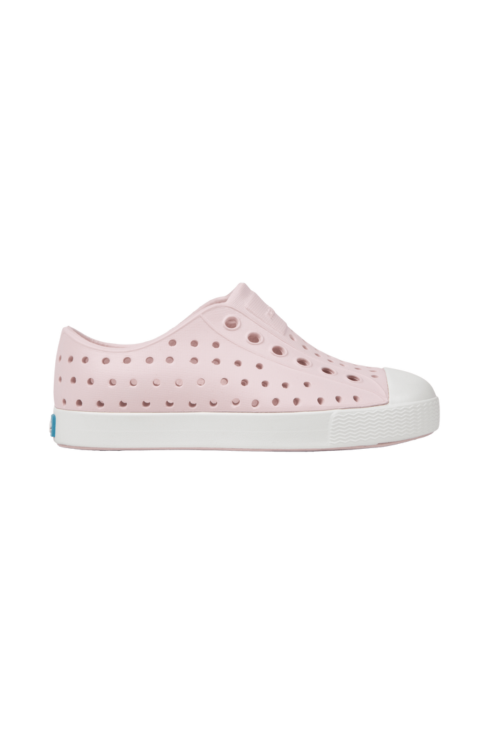 Side view of a Native Shoes Kids Jefferson Kids Footwear in Milk Pink / Shell White