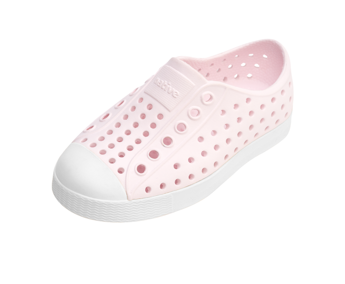 Angled view of a Native Shoes Kids Jefferson Kids | Milk Pink / Shell White Footwear in Milk Pink / Shell White