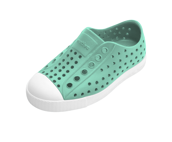 Angled view of a Native Shoes Kids Jefferson Kids | Fresco Green / Shell White Footwear in Fresco Green / Shell White