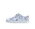 Side view of a Native Shoes Kids Jefferson Print Kids Footwear in Skyway Blue / Shell White / Cloud Rainbow