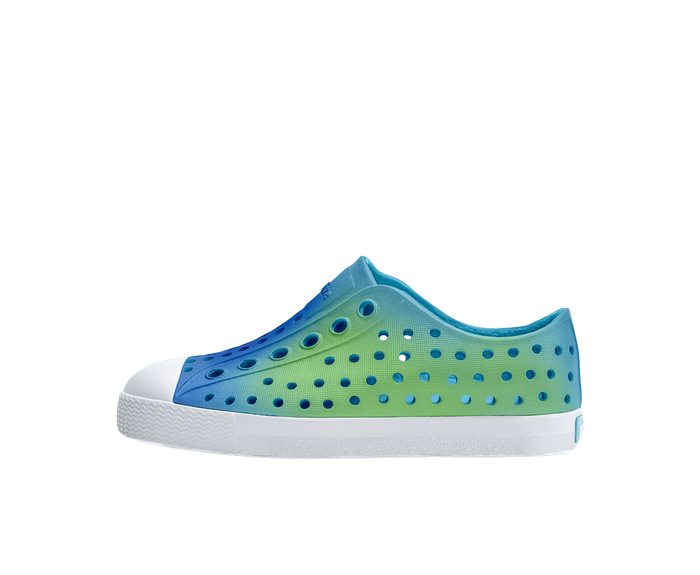 Side view of a Native Shoes Kids Jefferson Print Kids Footwear in Aquarius Blue / Shell White / Hilly Uv Blur