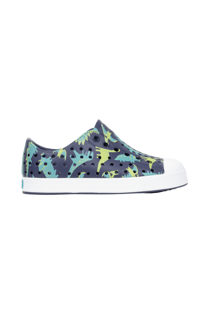 Side view of a Native Shoes Kids Jefferson Print Kids Footwear in Rgtabl/Shlwht/Tnkdino
