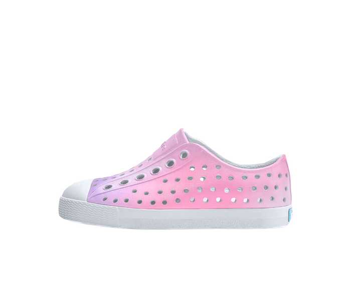 Side view of a Native Shoes Kids Jefferson Print Kids Footwear in Shell White / Shell White / Barely Taro Blur