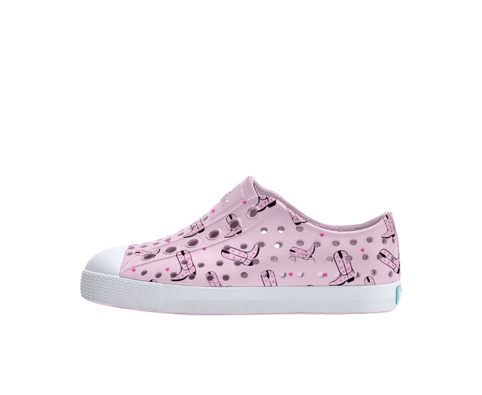 Side view of a Native Shoes Kids Jefferson Print Kids Footwear in Barely Pink / Shell White / Cowgirl