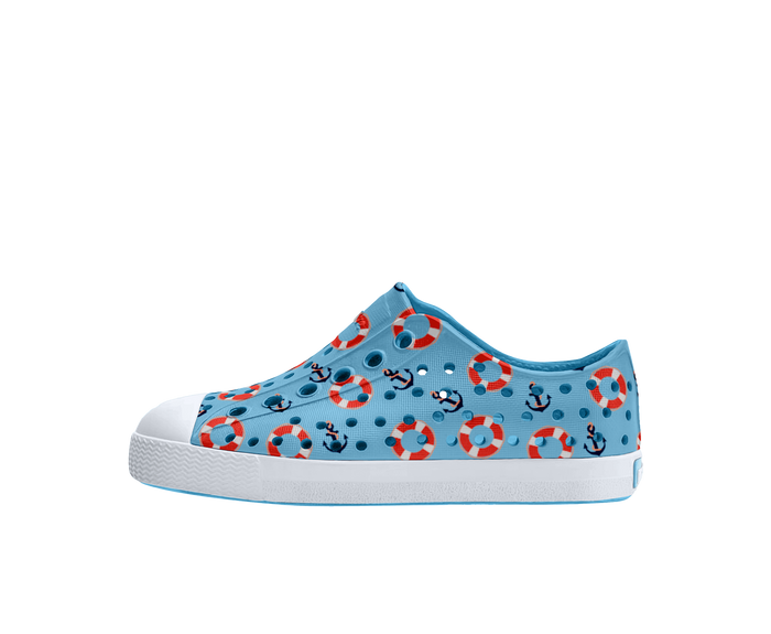Side view of a Native Shoes Kids Jefferson Print Kids Footwear in Aquarius Blue / Shell White / Anchors