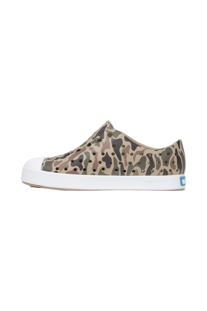 Angled view of a Native Shoes Kids Jefferson Print Kids | Flxtn/Shlwht/Tuffcamo Footwear in Flxtn/Shlwht/Tuffcamo