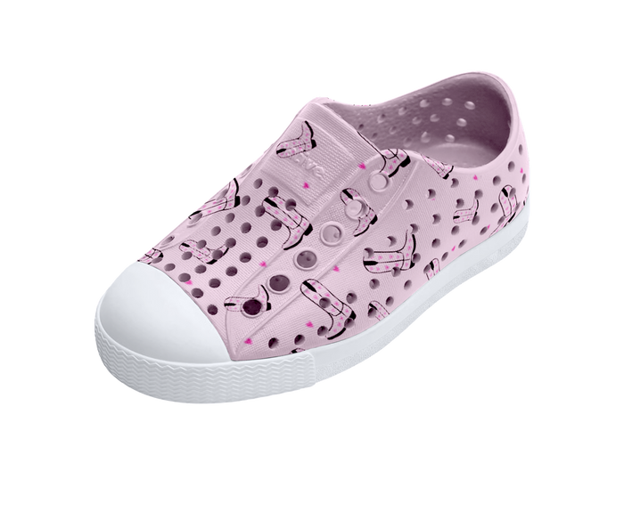 Angled view of a Native Shoes Kids Jefferson Print Kids | Barely Pink / Shell White / Cowgirl Footwear in Barely Pink / Shell White / Cowgirl