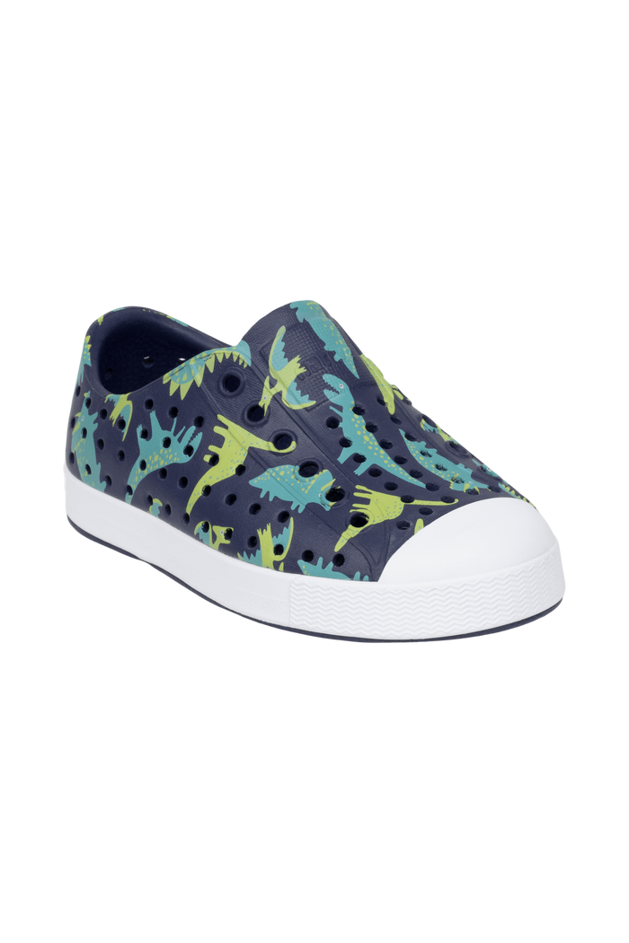 Bottom view of a Native Shoes Kids Jefferson Print Kids | Rgtabl/Shlwht/Tnkdino Footwear in Rgtabl/Shlwht/Tnkdino