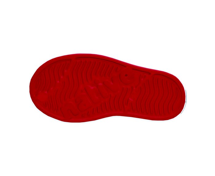 Bottom view of a Native Shoes Kids Jefferson Print Kids | Ruby Red / Shell White / Heart Fireworks Footwear in Ruby Red / Shell White / Heart Fireworks