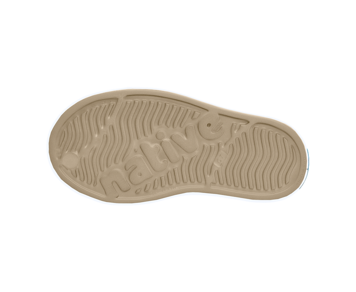 Bottom view of a Native Shoes Kids Jefferson Print Kids | Flax Tan / Shell White / Freesia Leopard Footwear in Flax Tan / Shell White / Freesia Leopard
