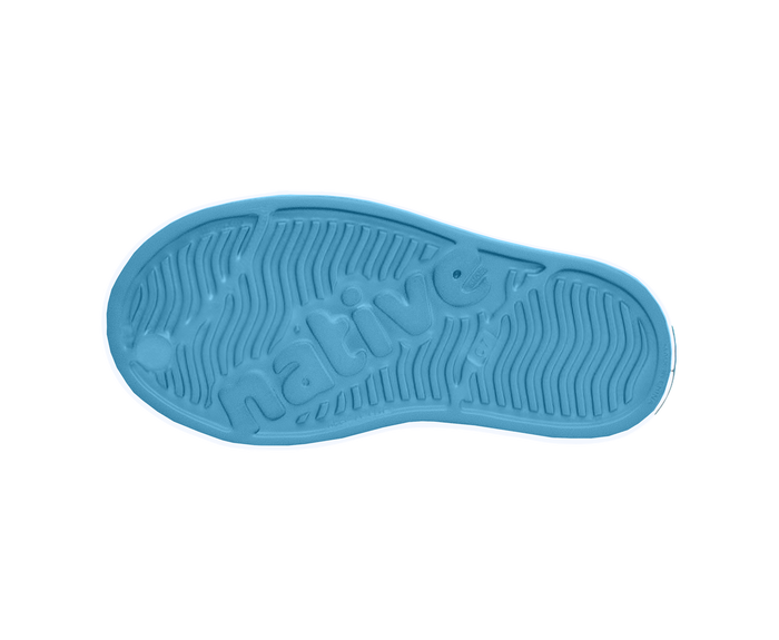 Bottom view of a Native Shoes Kids Jefferson Print Kids | Aquarius Blue / Shell White / Anchors Footwear in Aquarius Blue / Shell White / Anchors