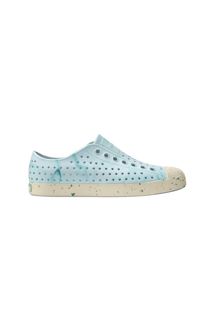 Side view of a Native Shoes Adults Jefferson Wanderfoam Blm Print Footwear in Dawn Blue / Bone White Speckles / Light Water