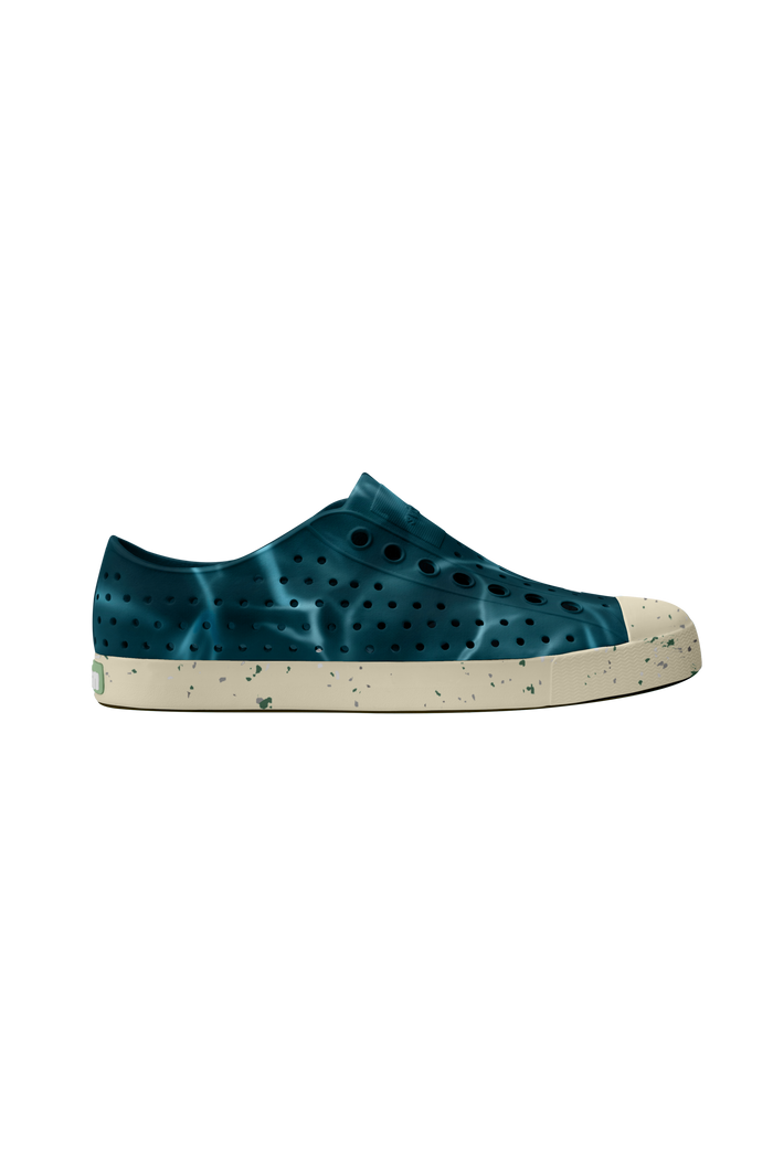 Side view of a Native Shoes Adults Jefferson Wanderfoam Blm Print Footwear in Oasis Blue / Bone White Speckle / Dark Water