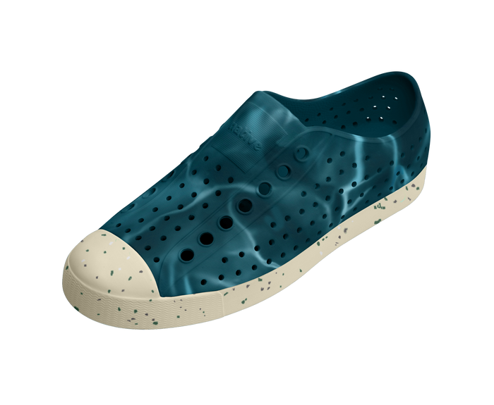 Angled view of a Native Shoes Jefferson Wanderfoam Blm Print | Oasis Blue / Bone White Speckle / Dark Water Footwear in Oasis Blue / Bone White Speckle / Dark Water
