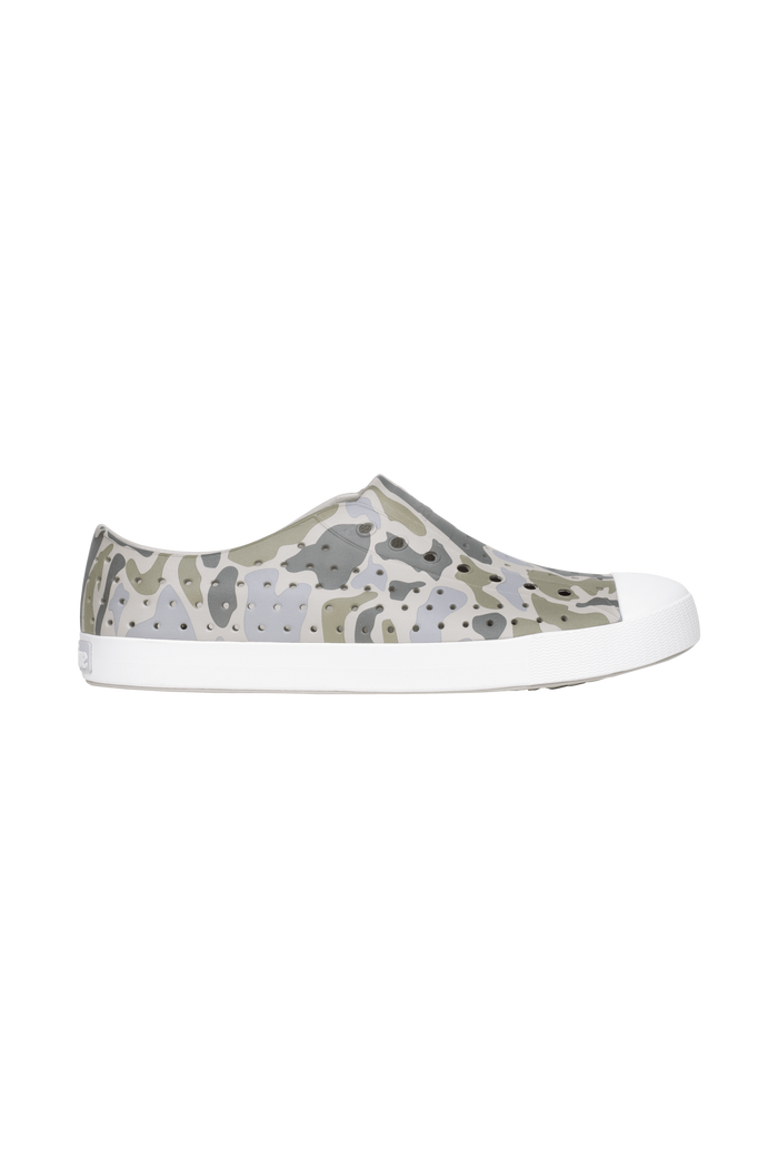 Side view of a Native Shoes Adults Jefferson Wanderfoam Print Footwear in Slkgry/Shlwht/Vetcamo