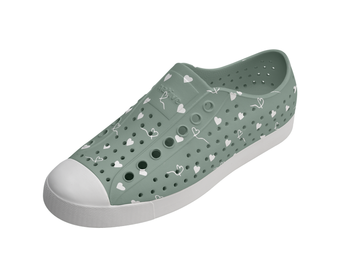 Angled view of a Native Shoes Jefferson Wanderfoam Print | Relax Green / Shell White / Freesia Star Badge Footwear in Relax Green / Shell White / Freesia Star Badge