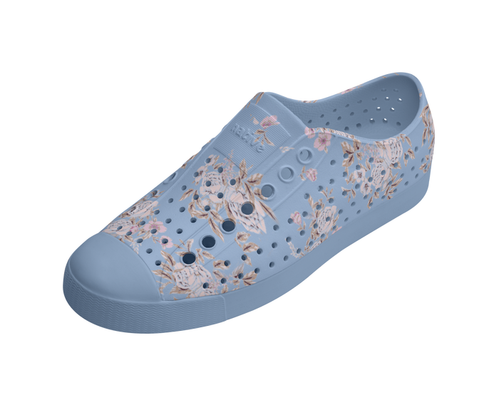 Angled view of a Native Shoes Jefferson Wanderfoam Print | Dawn Blue / Skyway Trans / Floral Footwear in Dawn Blue / Skyway Trans / Floral