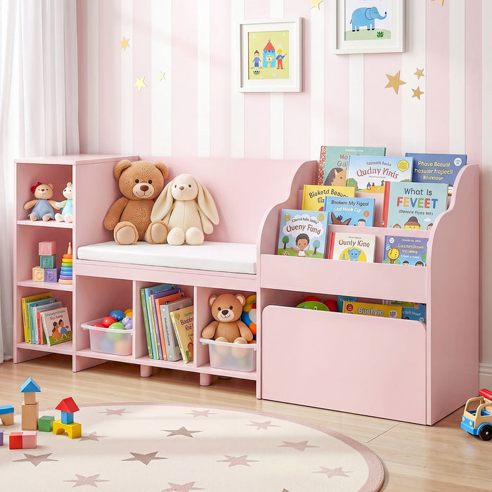 Keezi Kids Storage Unit Bookshelf Toy Box Organiser Bench Seat Cabinet Pink