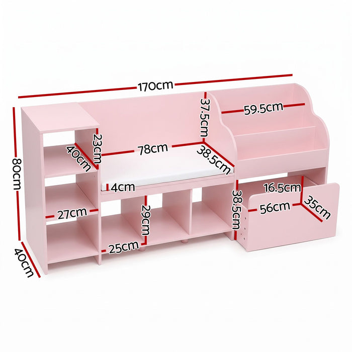 Keezi Kids Storage Unit Bookshelf Toy Box Organiser Bench Seat Cabinet Pink