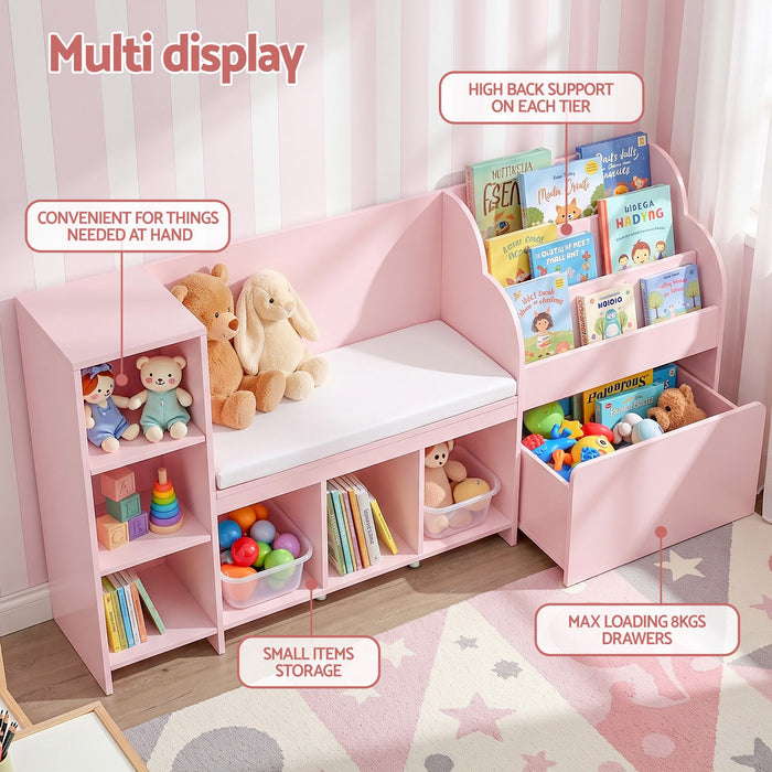 Keezi Kids Storage Unit Bookshelf Toy Box Organiser Bench Seat Cabinet Pink